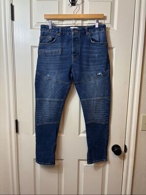 Zara Men's Slim Dark Blue Moto-Panel Jeans